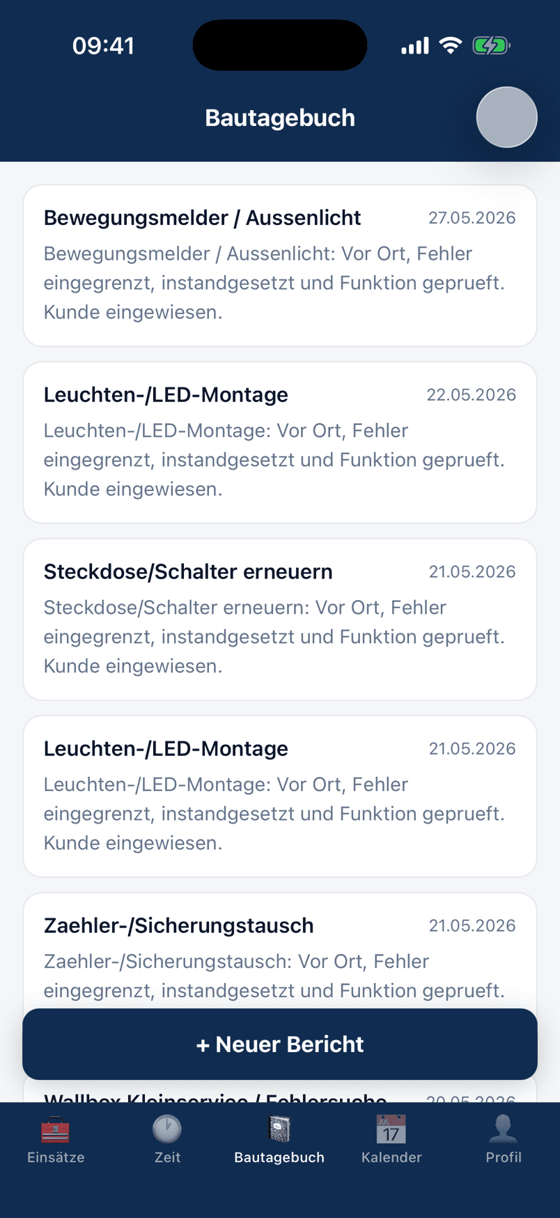 Bautagebuch-Verlauf in der baubit Monteur-App